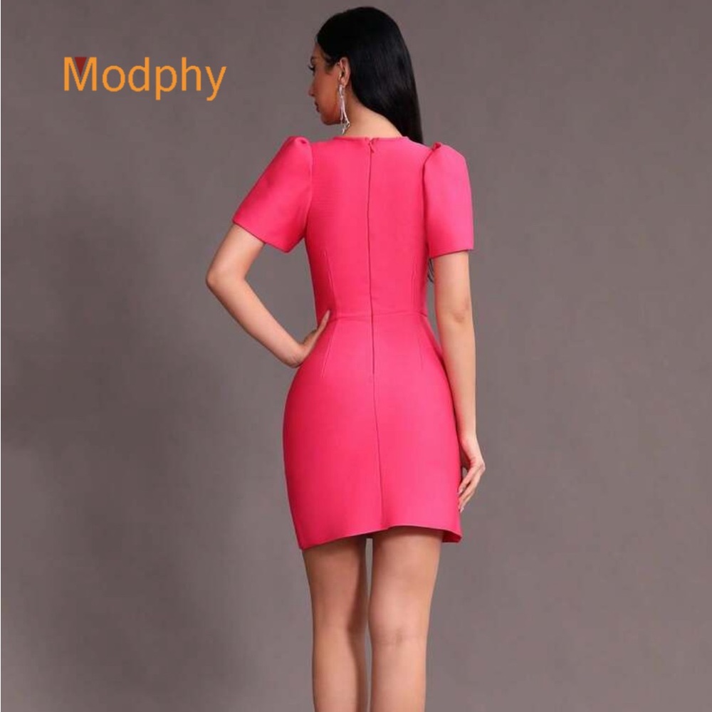 SHEIN Hot Pink Bow-Front Puff Sleeve Mini Dress - Picture 2 of 4